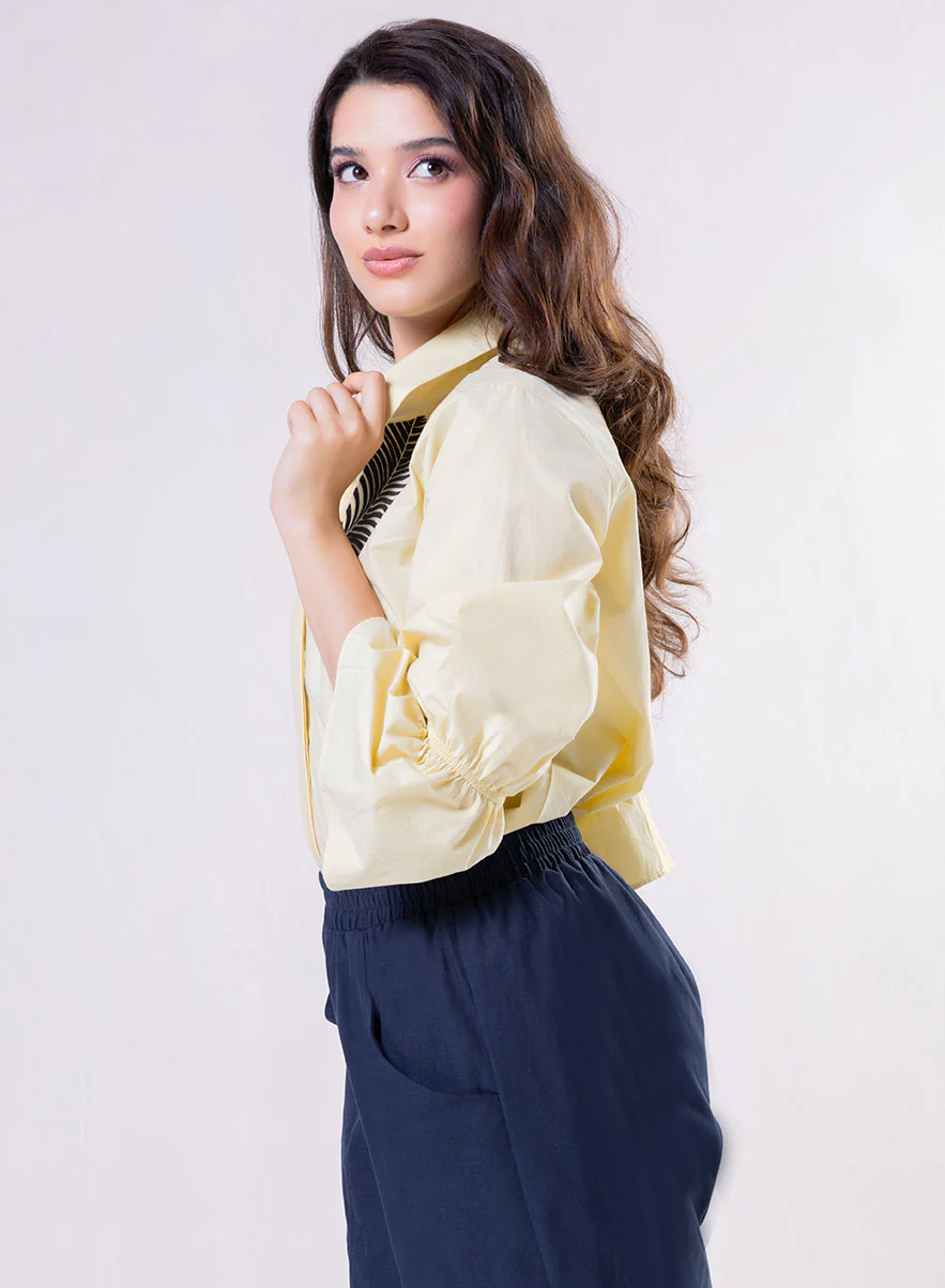 Leaf Embroidered Shirt Top-Yellow - Image 3