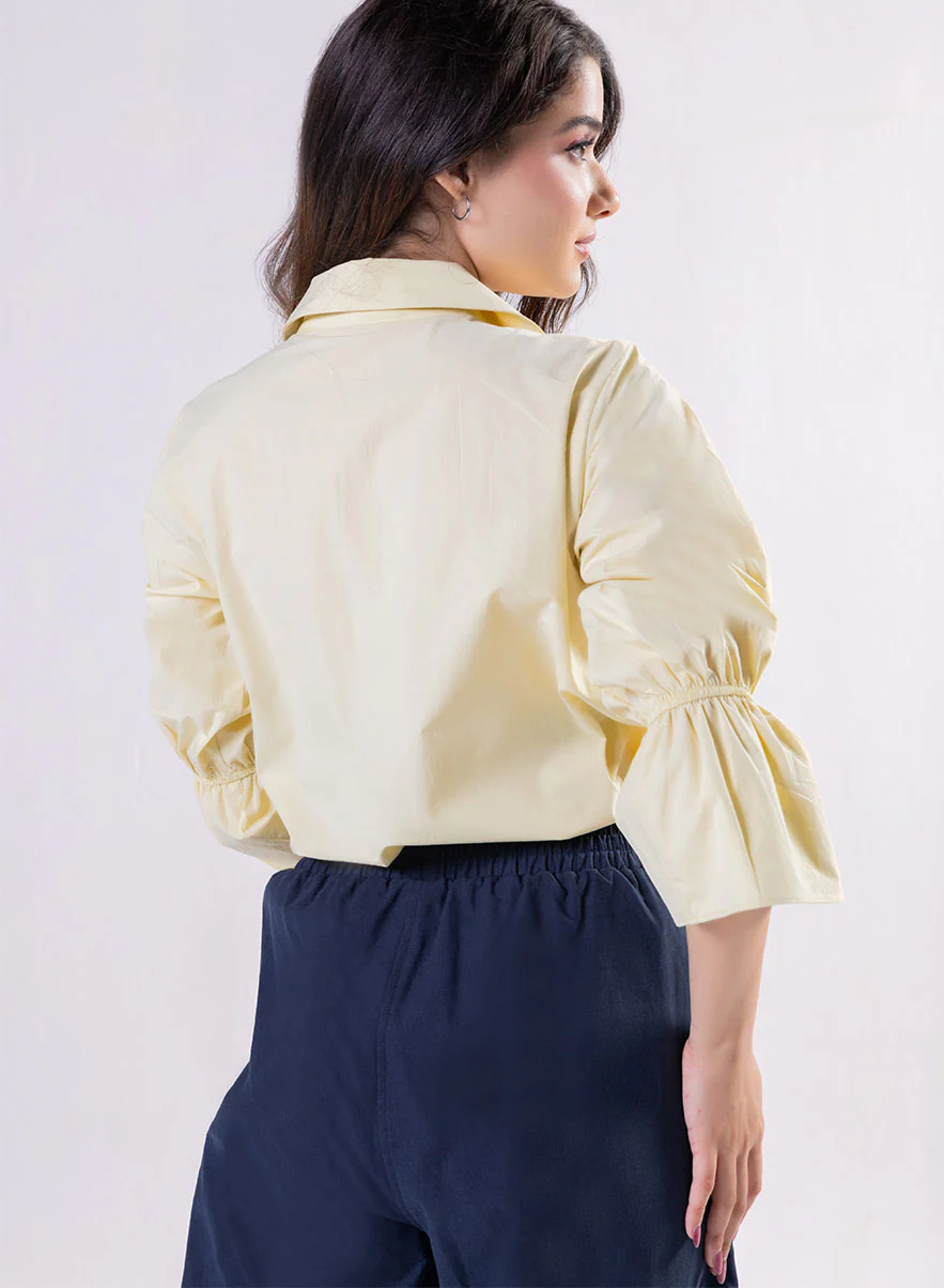 Leaf Embroidered Shirt Top-Yellow - Image 4