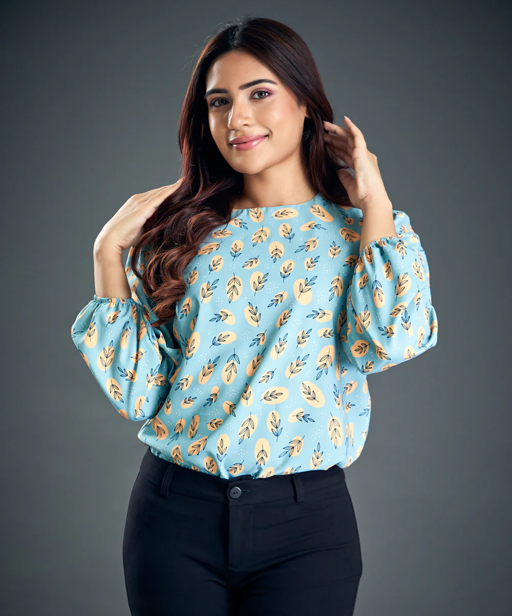 Leaf Print Lantern Sleeve Blouse - Image 2
