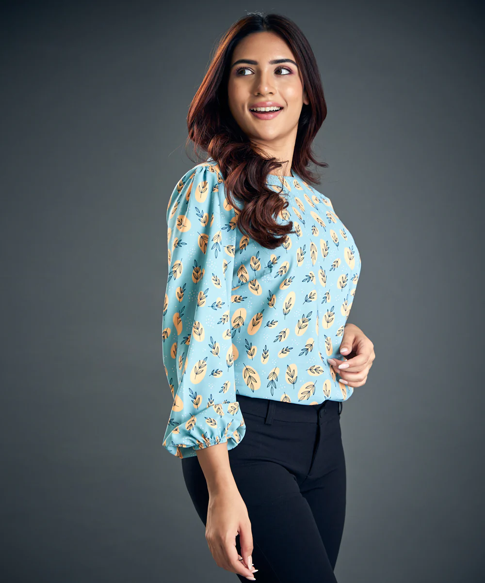 Leaf Print Lantern Sleeve Blouse - Image 4