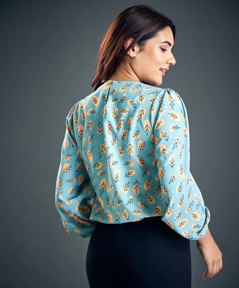 Leaf Print Lantern Sleeve Blouse - Image 5