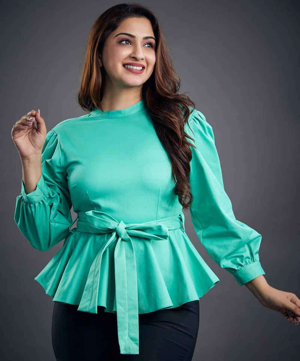 Light Green Detailed Peplum Top - Image 2