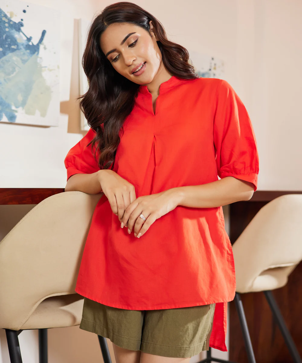 Linen Orange Kurtha Top - Image 3
