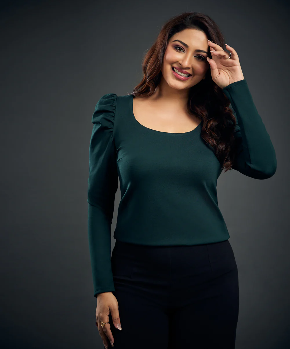 Long Puff Sleeve Green Ponte Top - Image 3