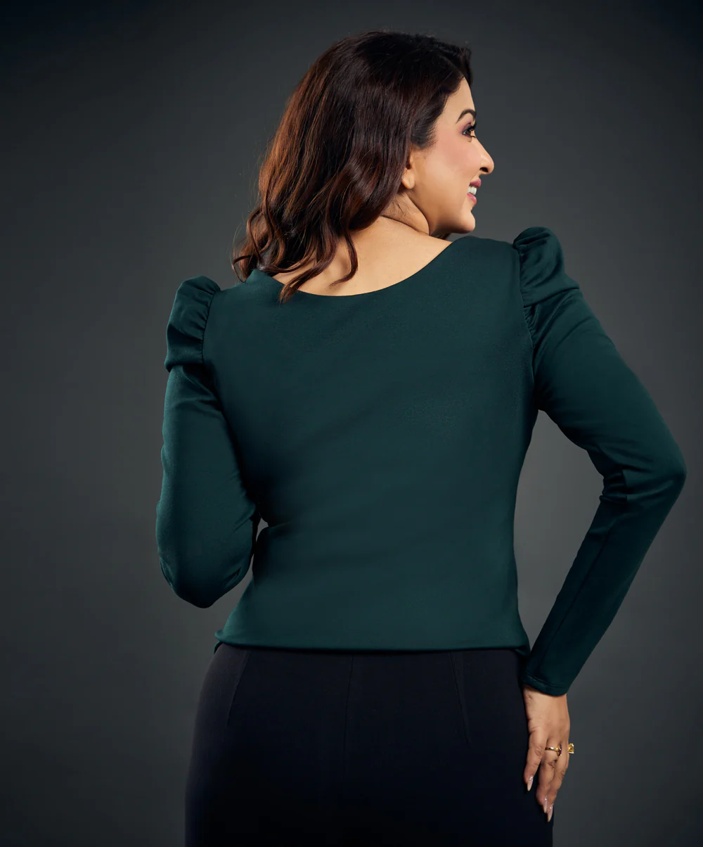 Long Puff Sleeve Green Ponte Top - Image 4