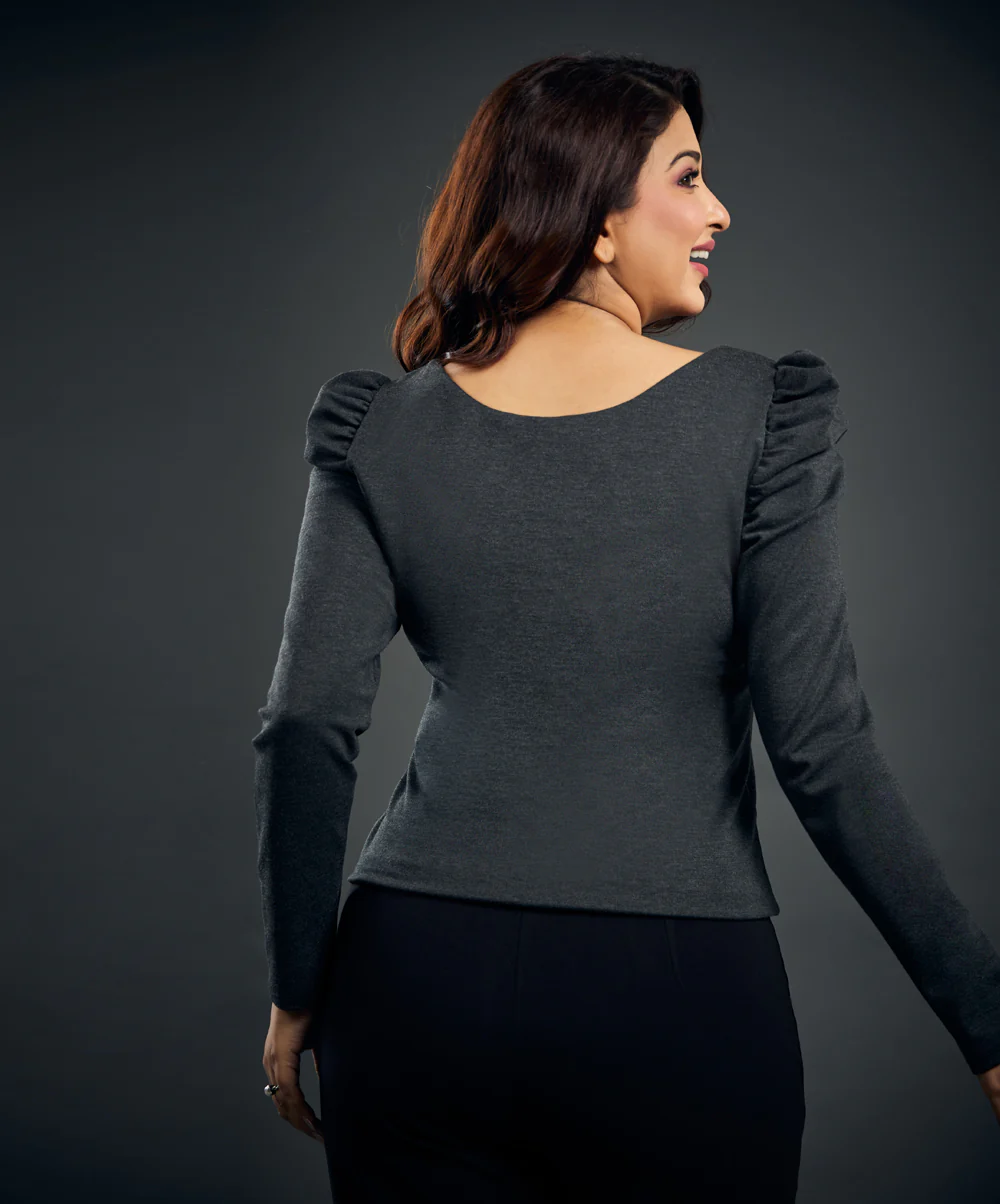Long Puff Sleeve Grey Ponte Top - Image 4