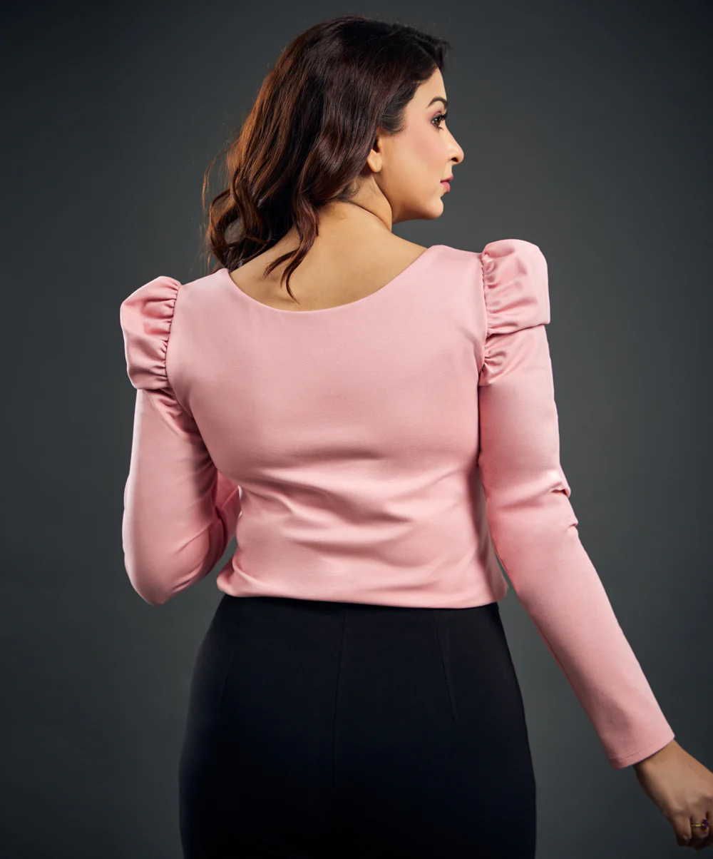 Long Puff Sleeve Pink Ponte Top - Image 5