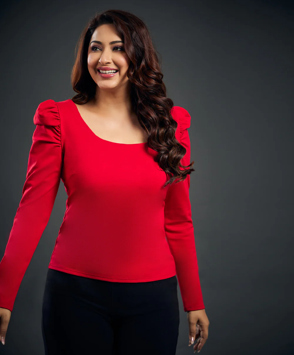 Long Puff Sleeve Red Ponte Top - Image 2