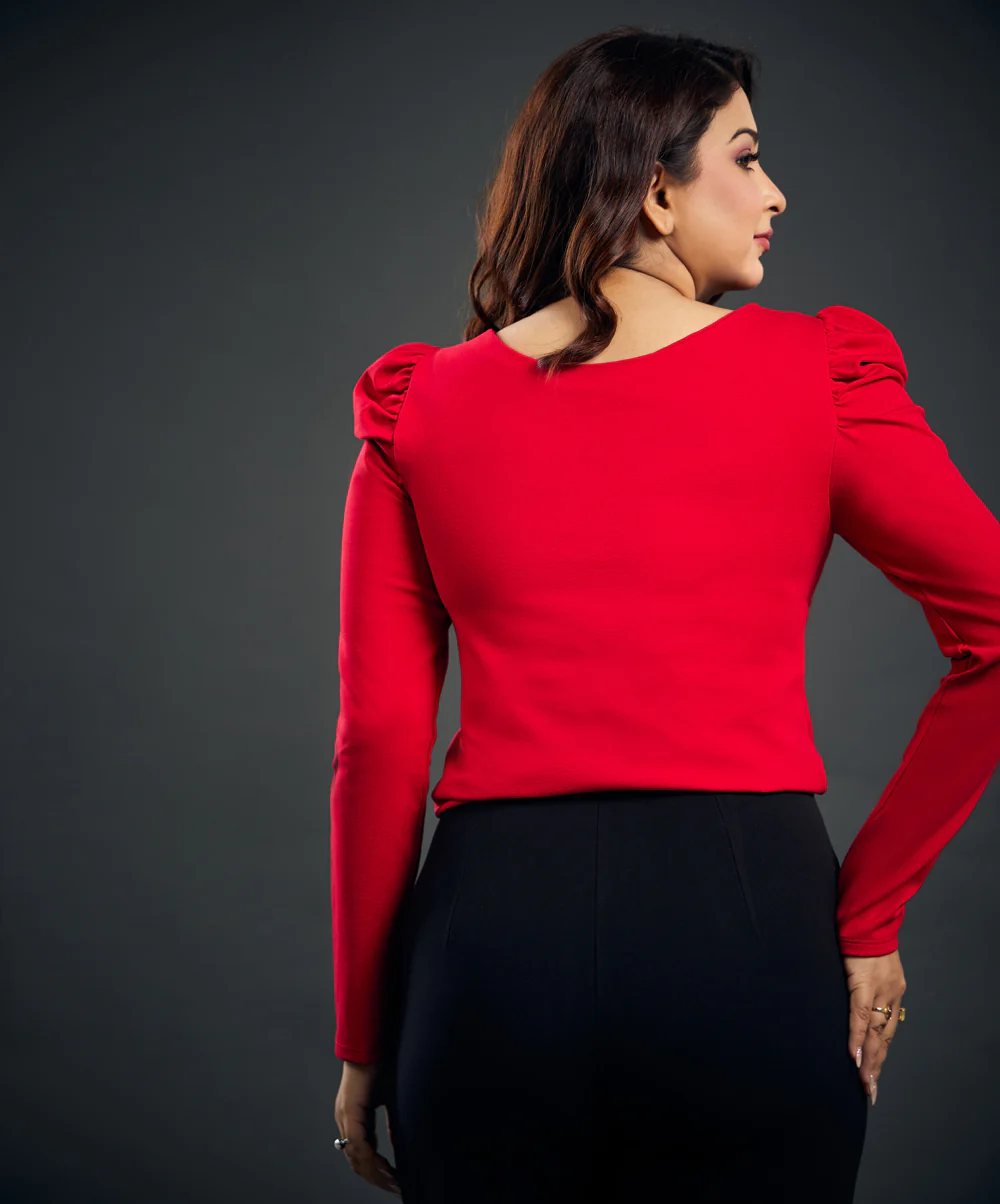 Long Puff Sleeve Red Ponte Top - Image 4