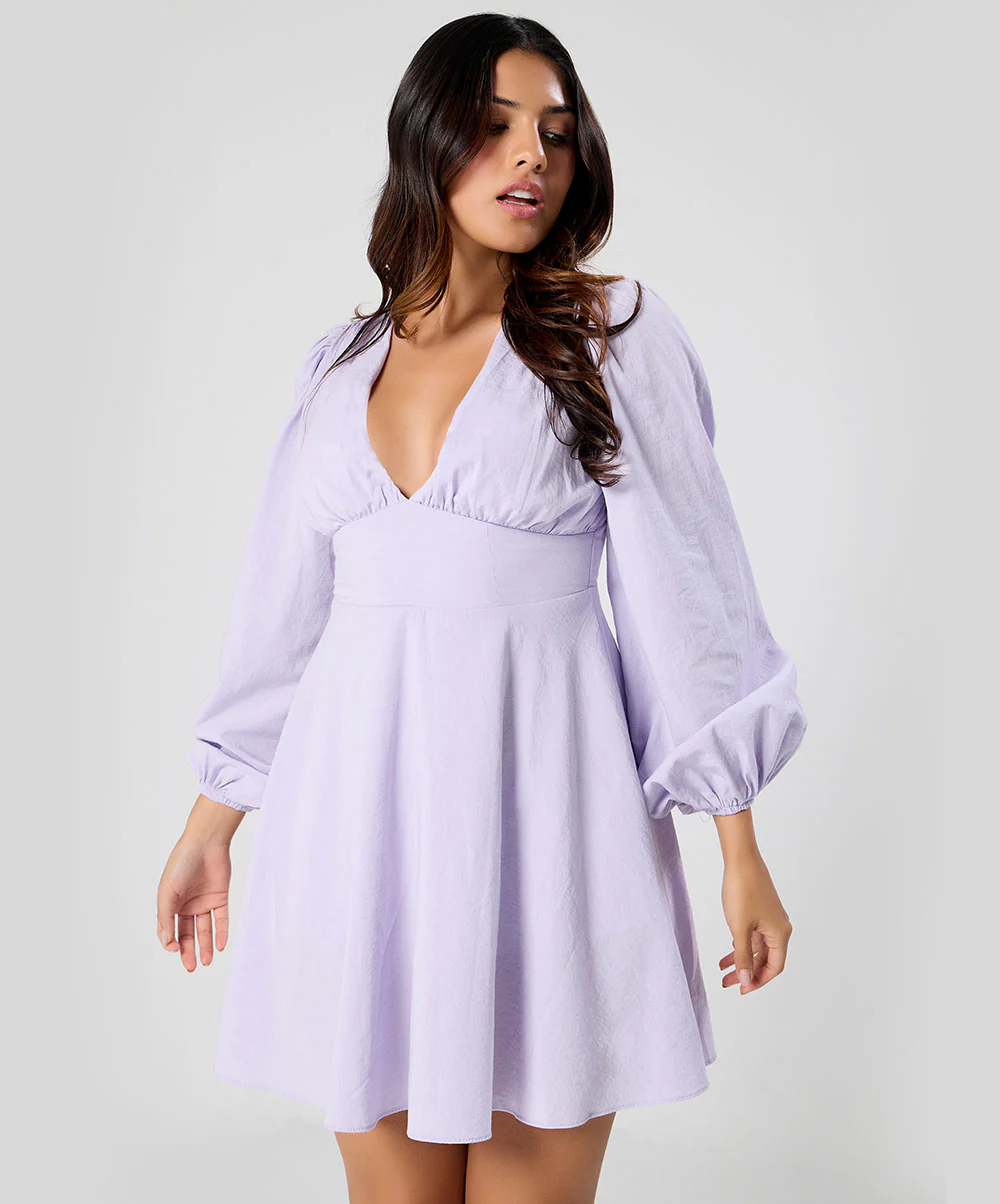 Long Puffed Sleeve Plunge Vneck Dress - Image 3