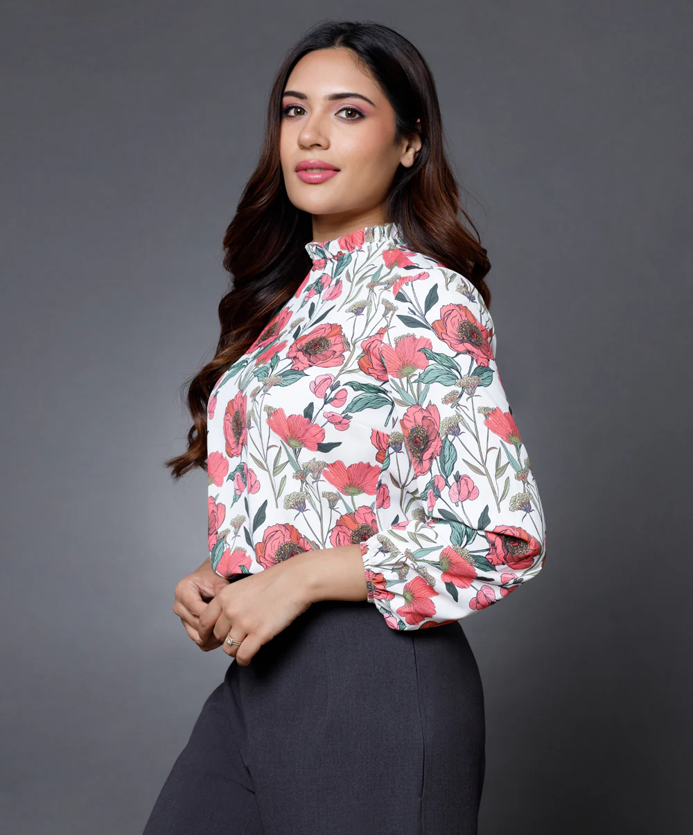 Long Sleeve Satin Printed Formal Top - Image 2