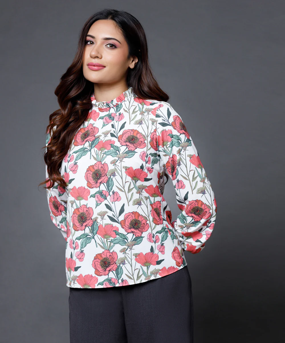 Long Sleeve Satin Printed Formal Top - Image 5