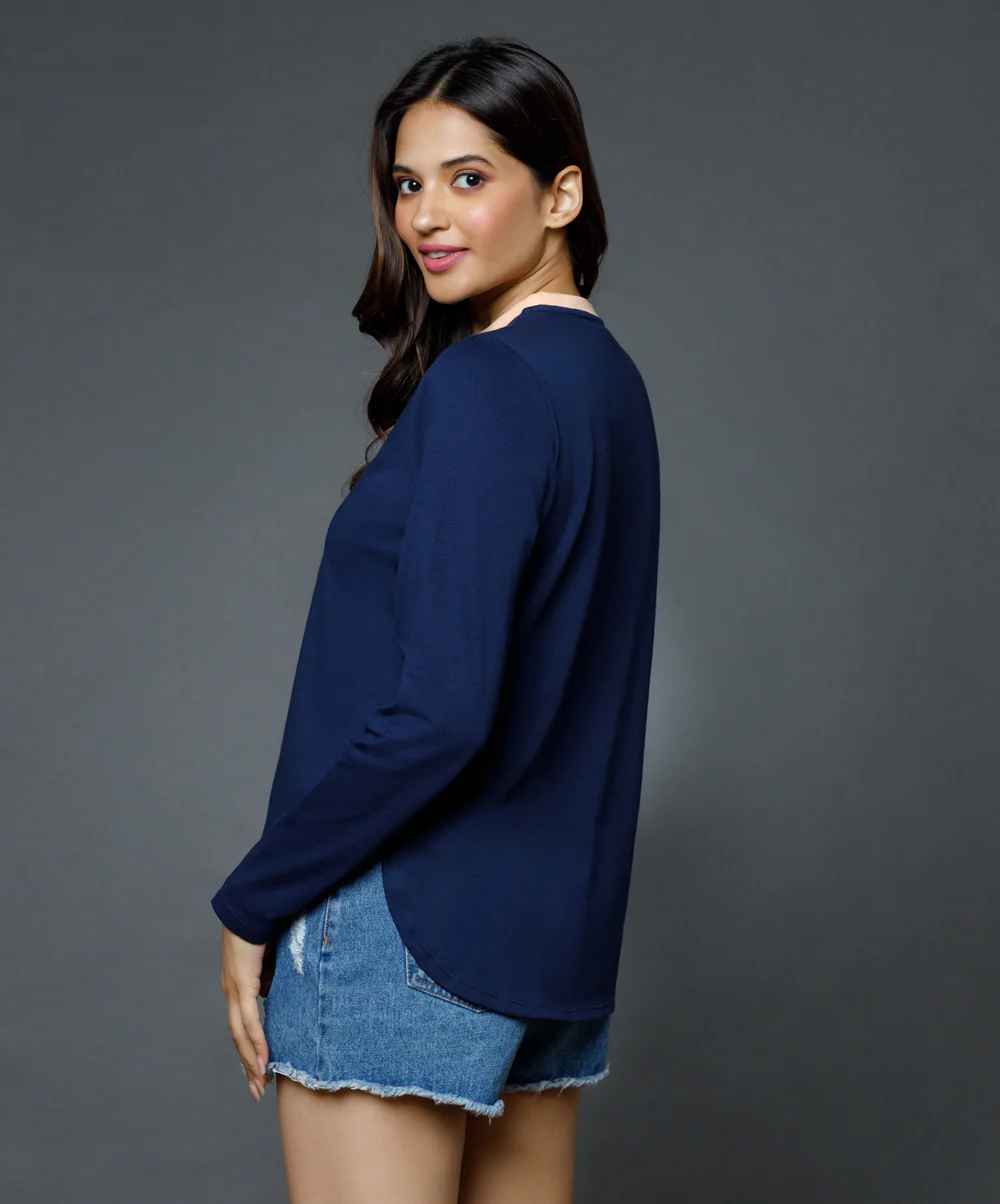 Long Sleeve Blue Crew Neck T-Shirt - Image 4