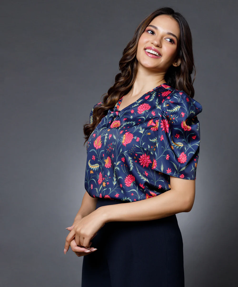 Long Sleeve Blue Printed Vneck top - Image 2
