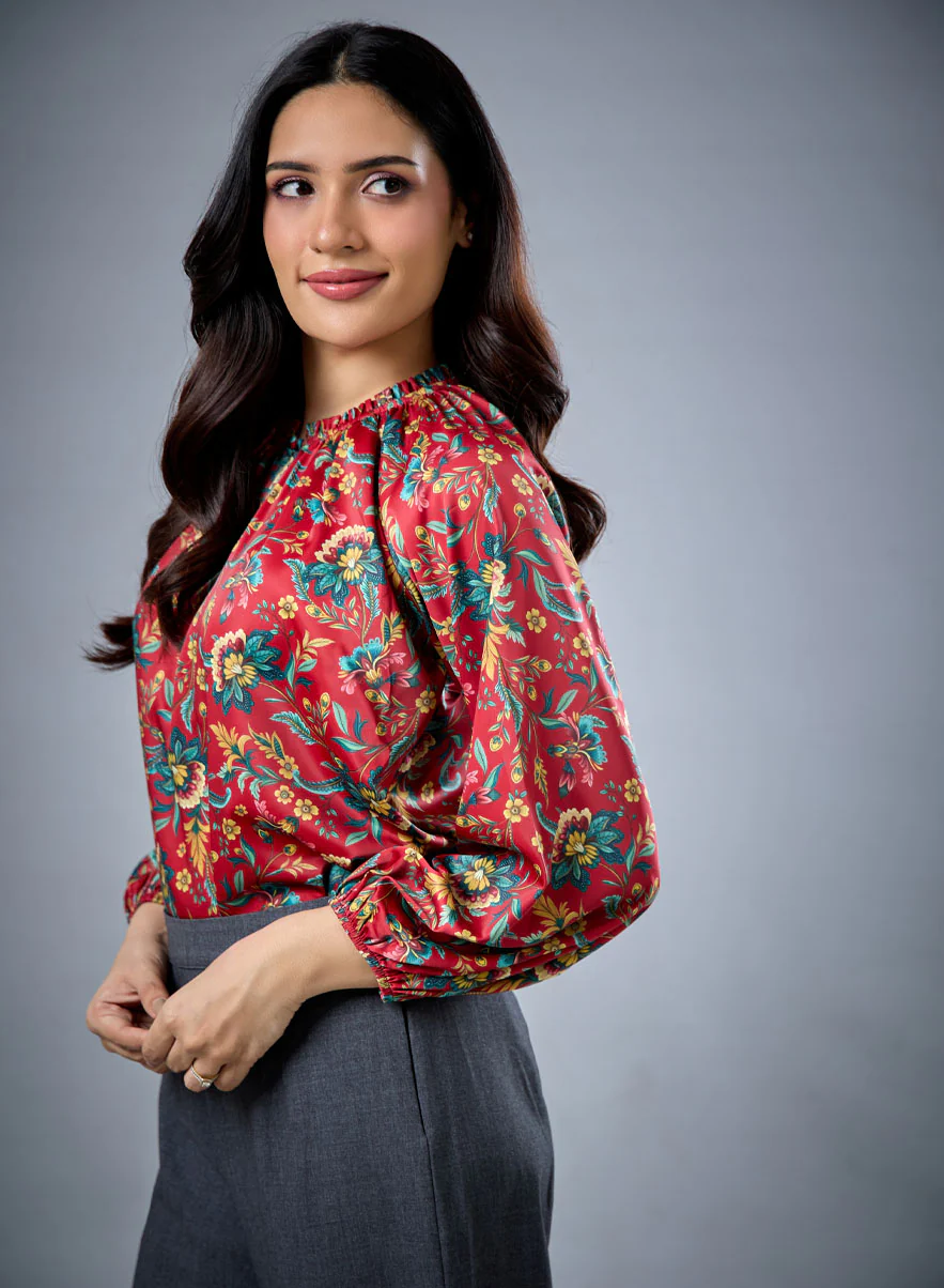 Long Sleeve Bold Red Floral Top - Image 2