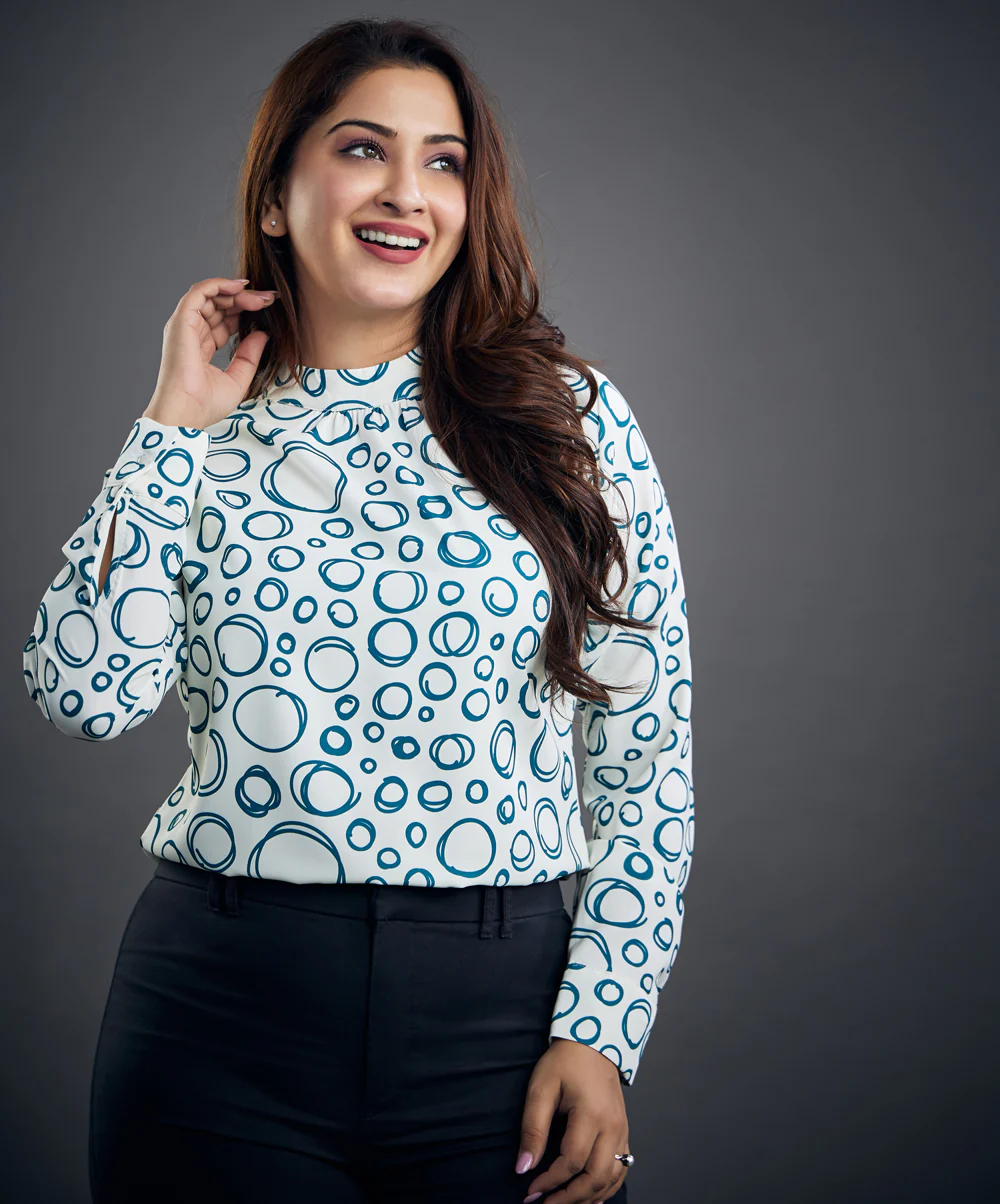 Long Sleeve Chiffon Blue Printed Top