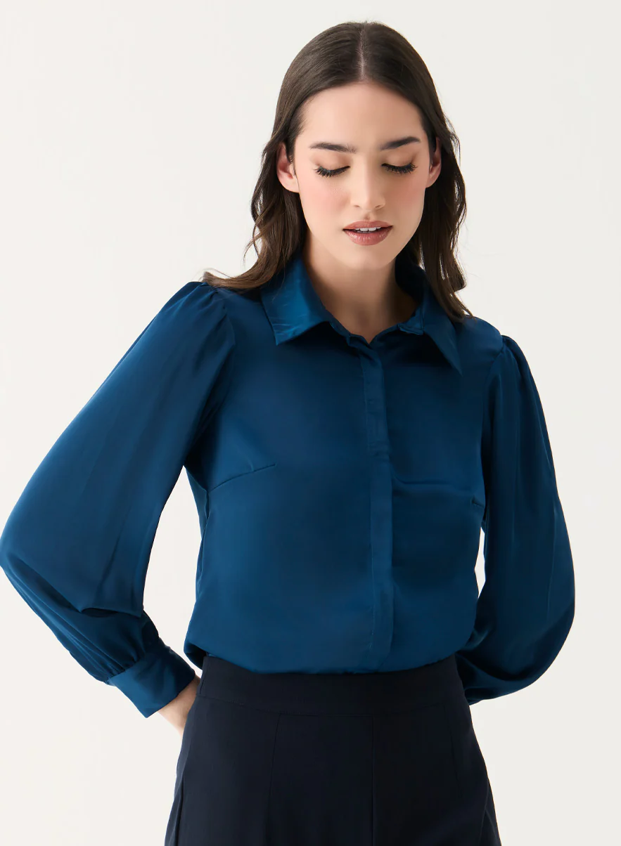 Long Sleeve Collared Teal-Blue Shirt - Image 3