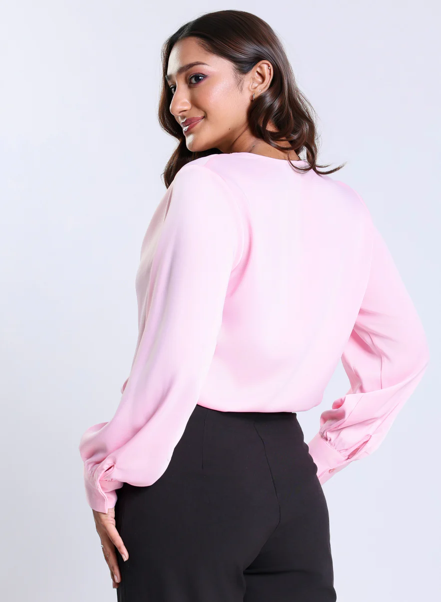 Long Sleeve Cowl Neck Pink Satin Top - Image 3