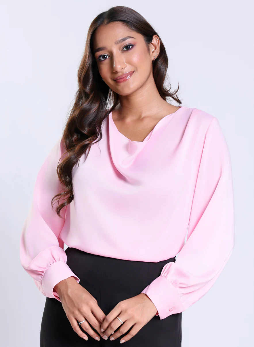 Long Sleeve Cowl Neck Pink Satin Top - Image 4