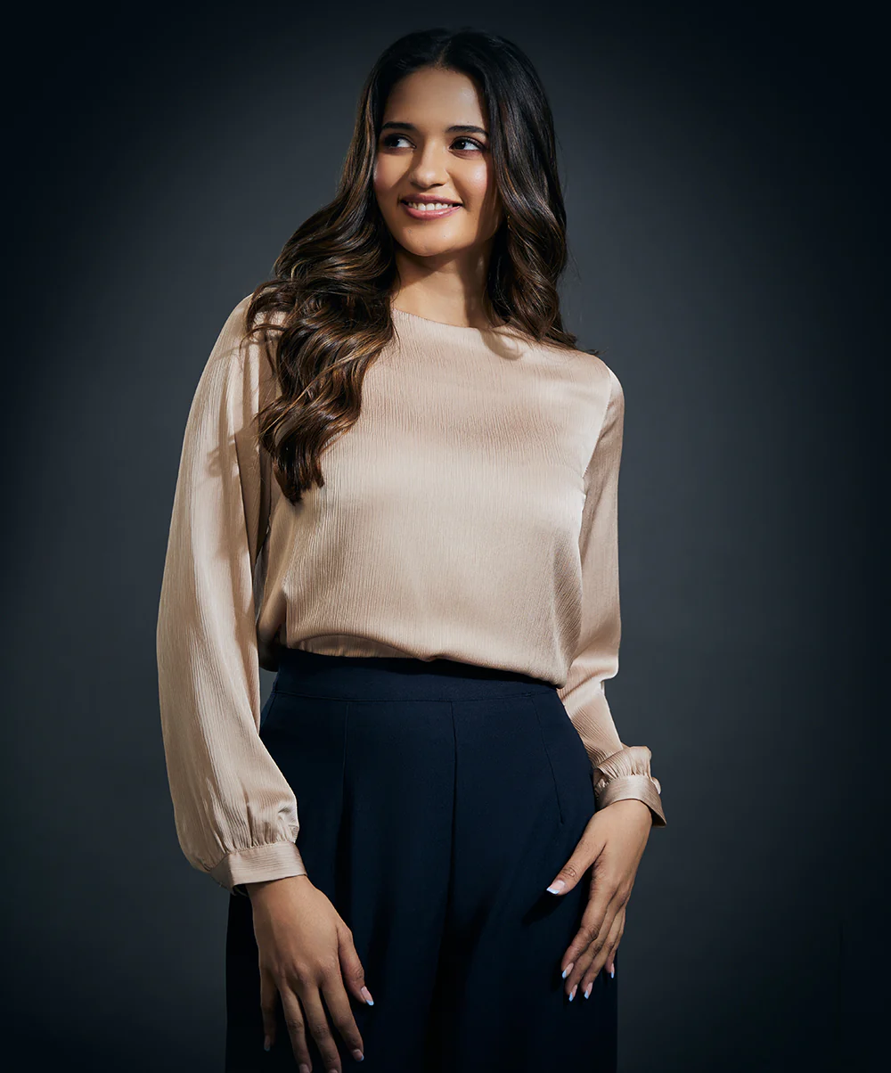 Long Sleeve Crepe Satin Top-Beige - Image 4