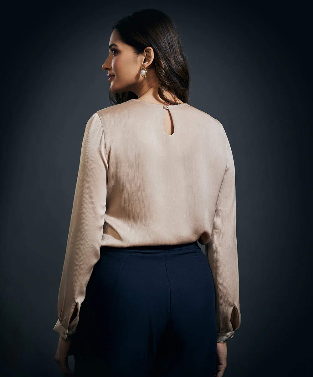 Long Sleeve Crepe Satin Top-Beige - Image 5