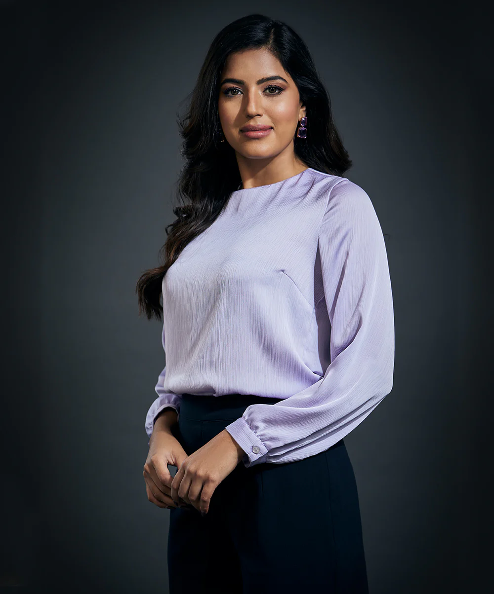 Long Sleeve Crepe Satin Top-Light Blue - Image 2
