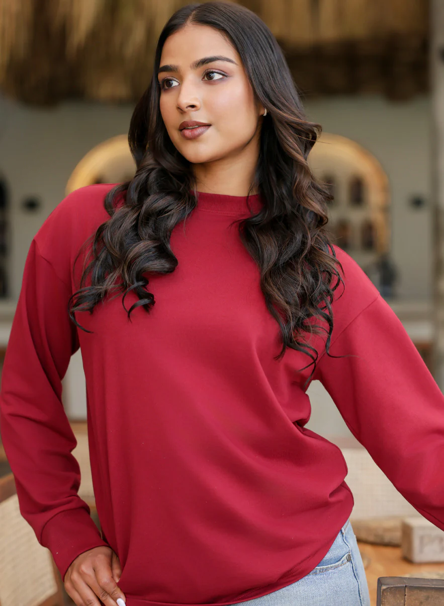 Long Sleeve Crew Neck Maroon T-Shirt - Image 2
