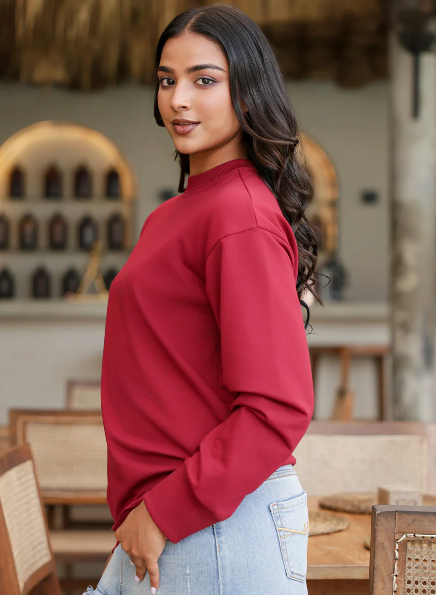 Long Sleeve Crew Neck Maroon T-Shirt - Image 3