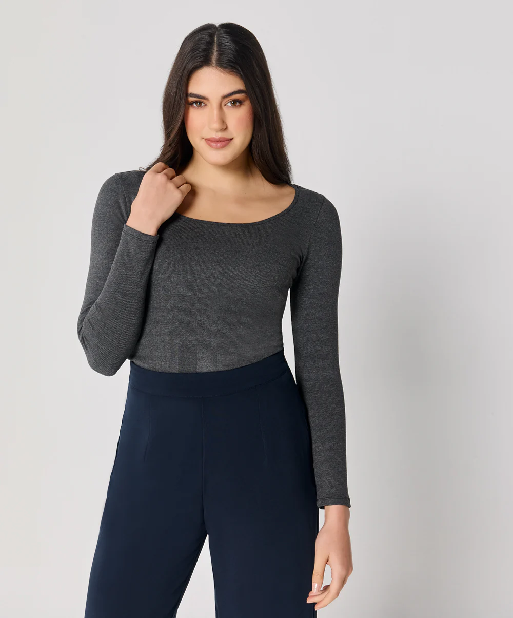 Long Sleeve Dark Grey Rib Top - Image 3