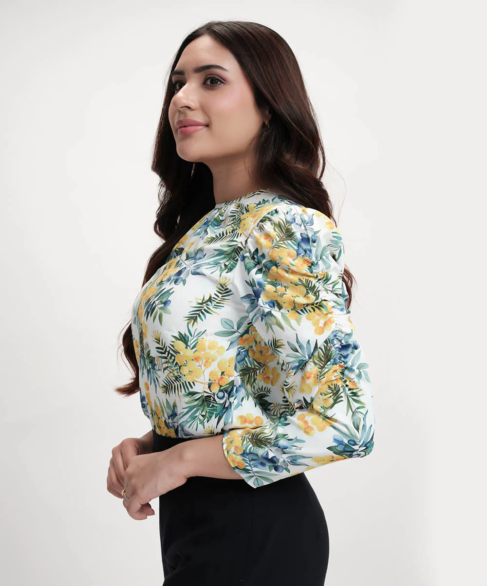 Long Sleeve Detailed Printed Chiffon Top - Image 2