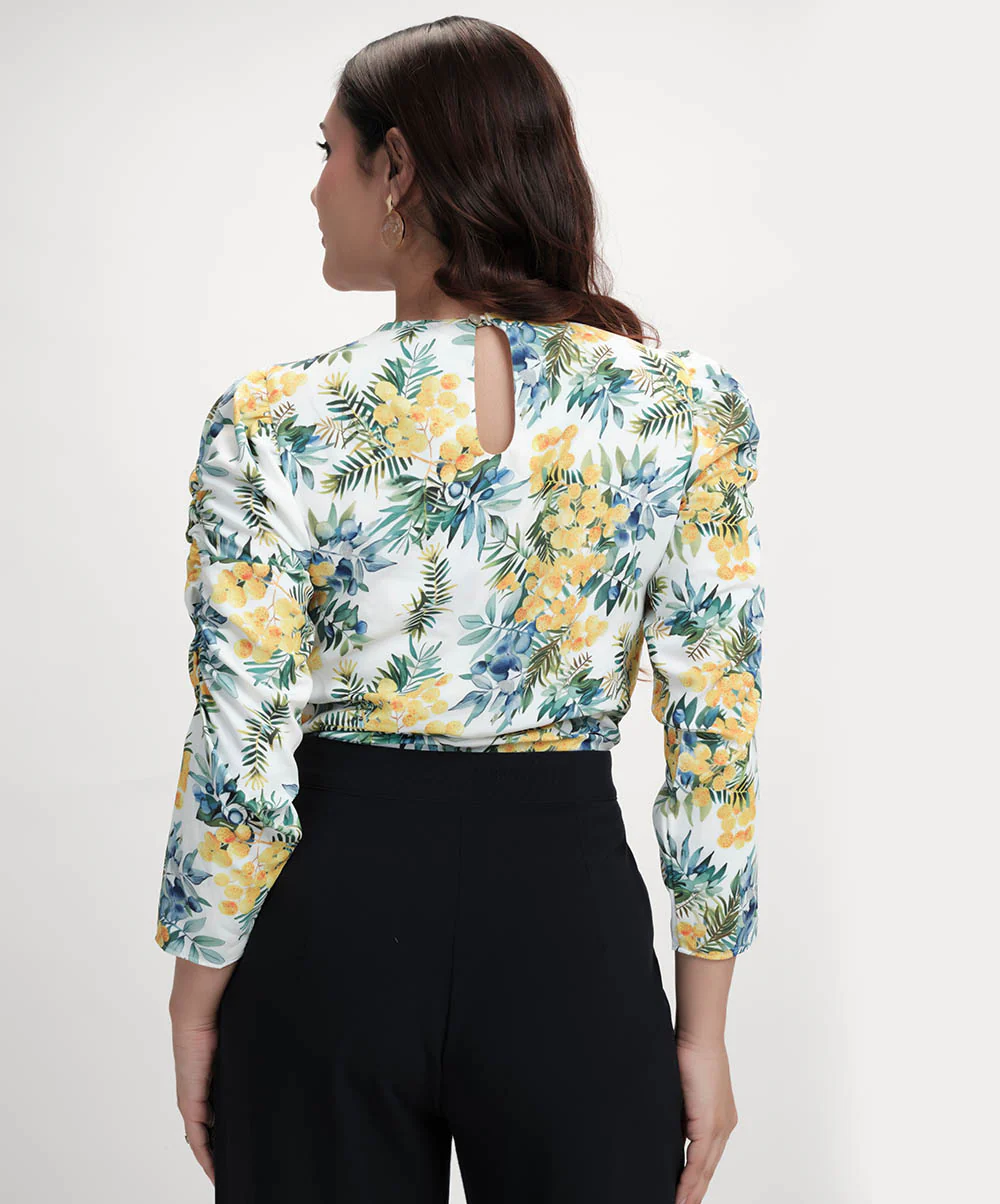 Long Sleeve Detailed Printed Chiffon Top - Image 3