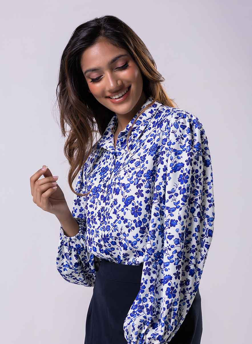 Long Sleeve Elasicated Printed Chiffon Shirt Blue Top - Image 2