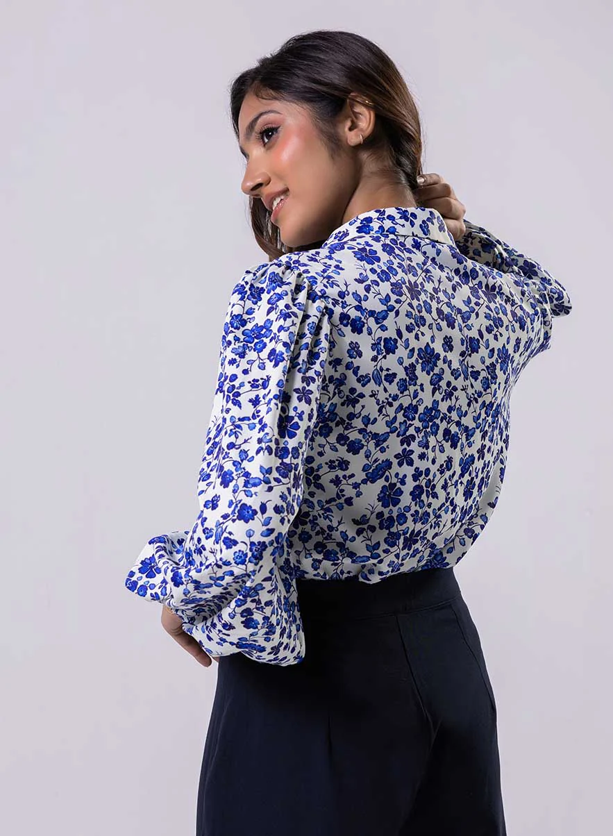 Long Sleeve Elasicated Printed Chiffon Shirt Blue Top - Image 3