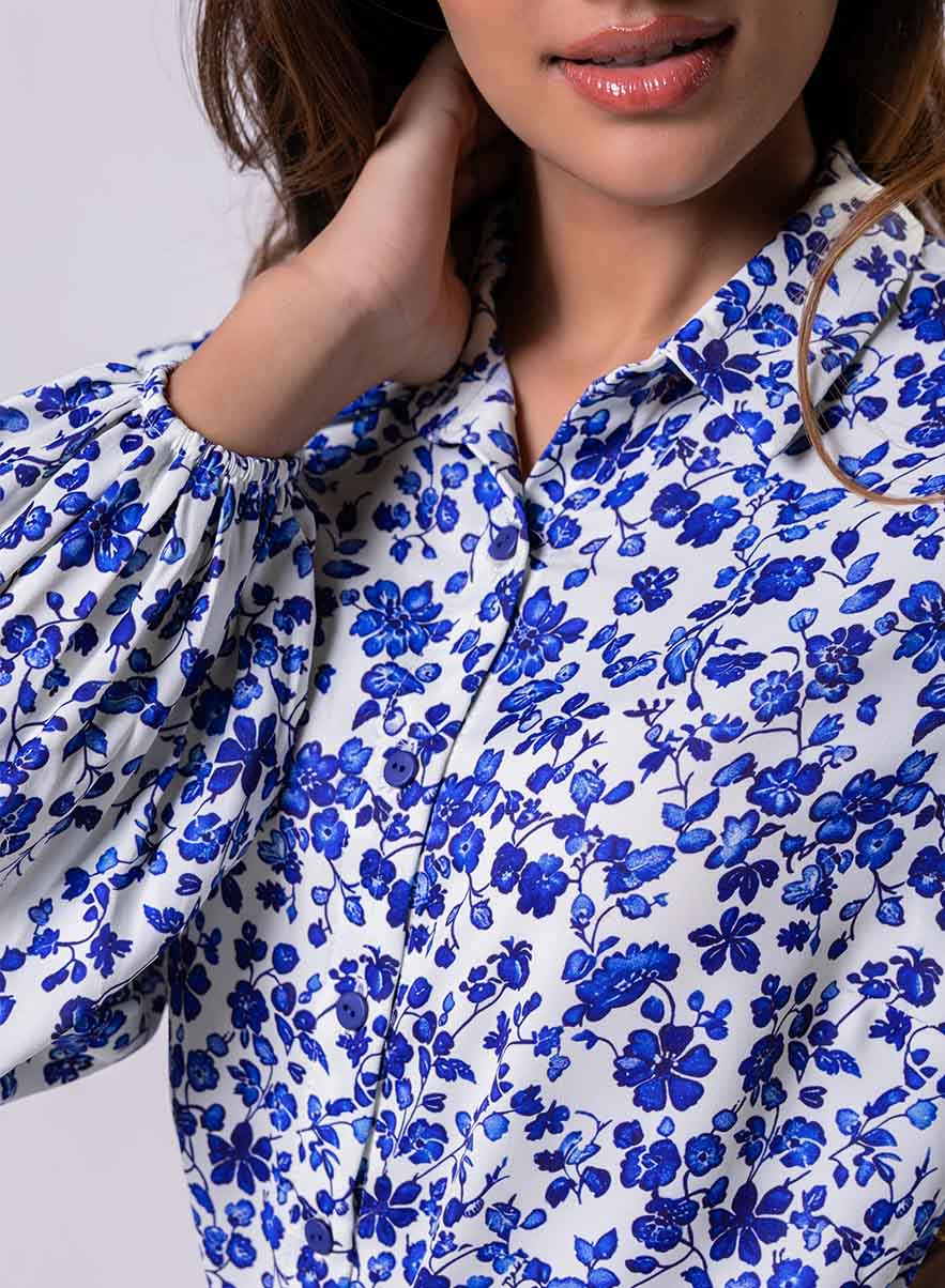 Long Sleeve Elasicated Printed Chiffon Shirt Blue Top - Image 4