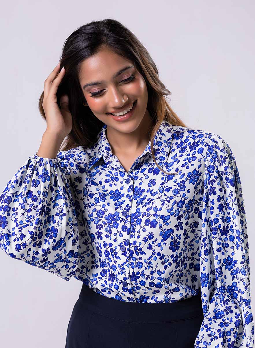 Long Sleeve Elasicated Printed Chiffon Shirt Blue Top - Image 5