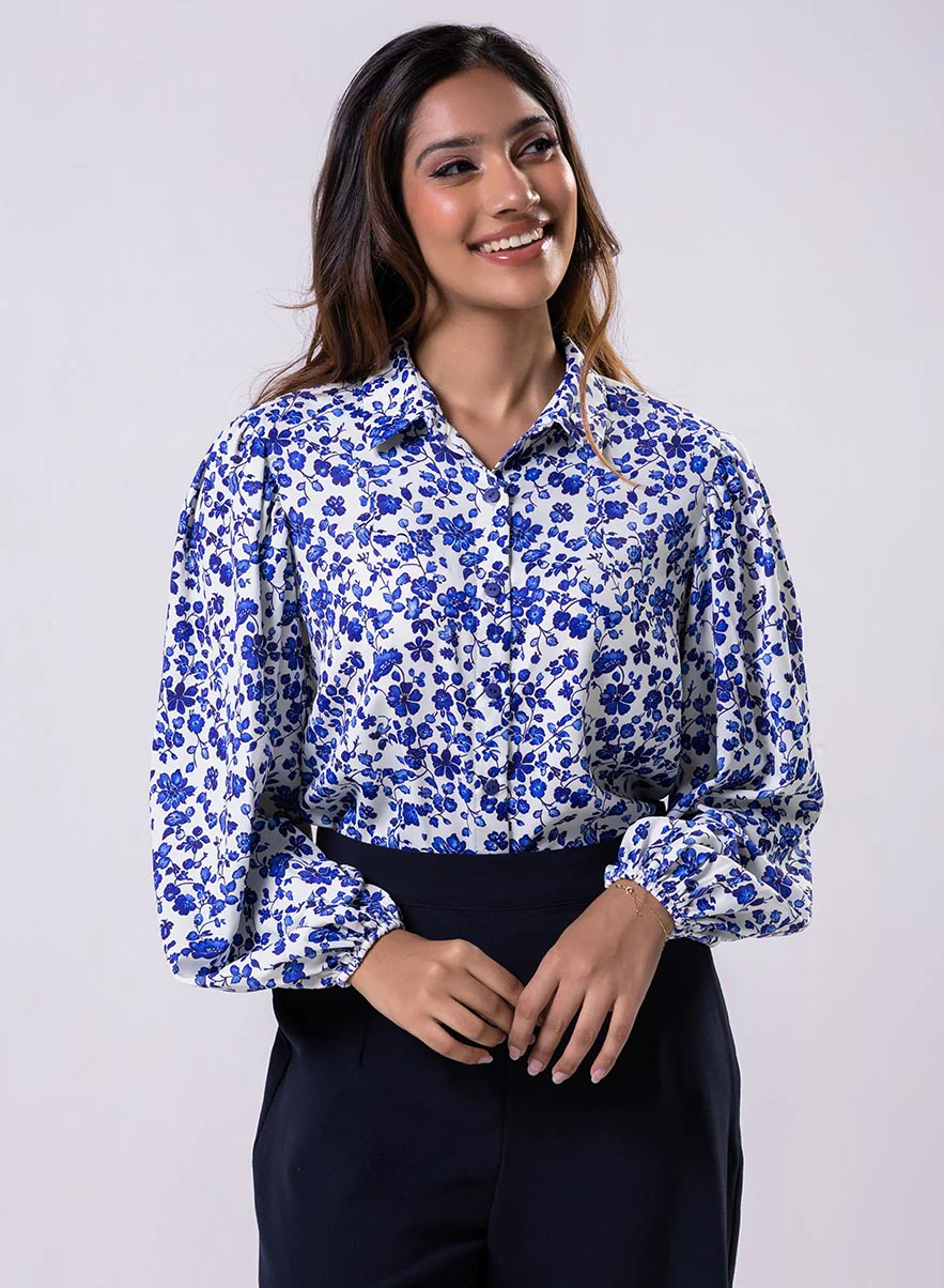 Long Sleeve Elasicated Printed Chiffon Shirt Blue Top - Image 6