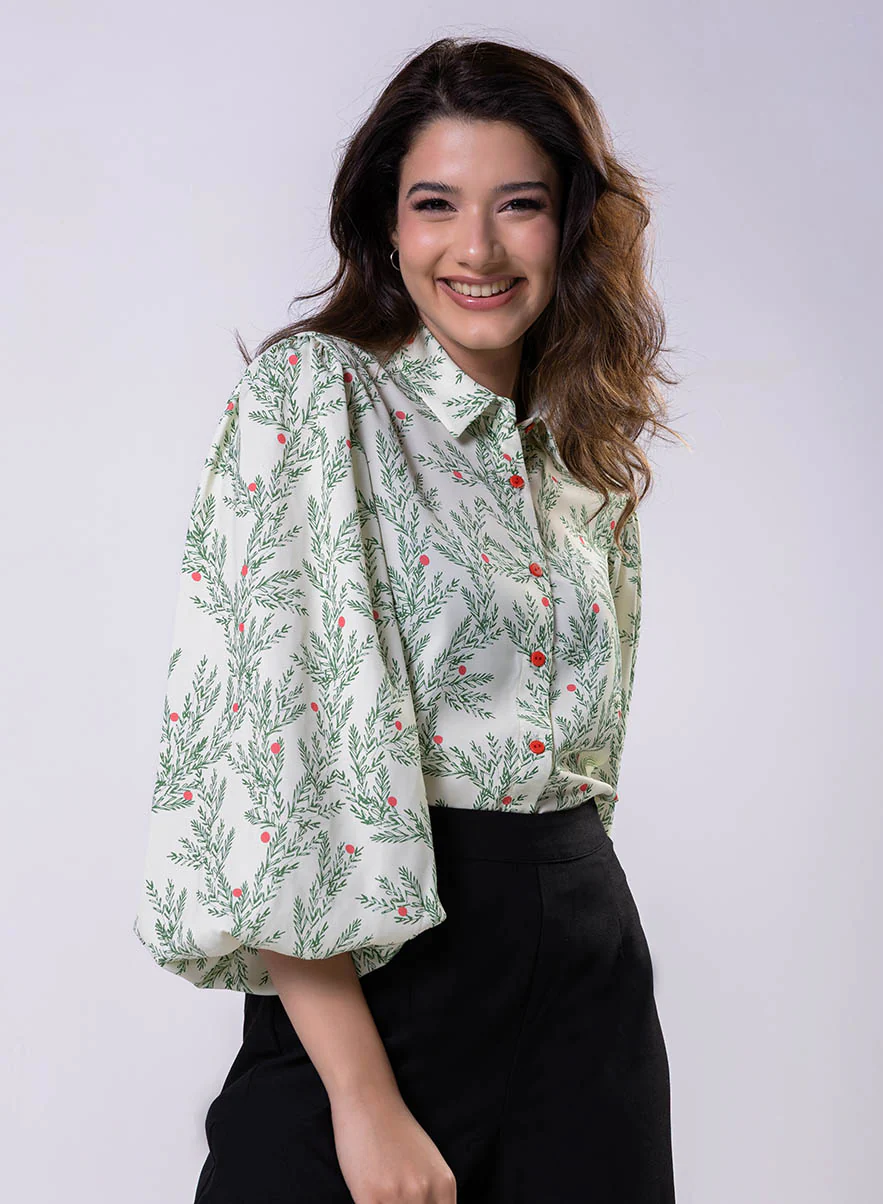 Long Sleeve Elasicated Printed Chiffon Shirt Top - Image 2