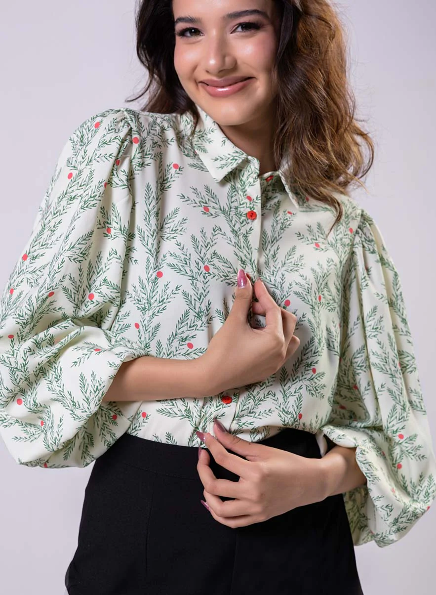 Long Sleeve Elasicated Printed Chiffon Shirt Top - Image 3