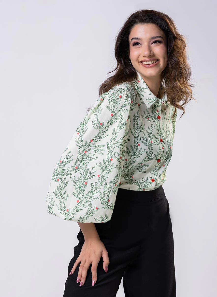 Long Sleeve Elasicated Printed Chiffon Shirt Top - Image 4