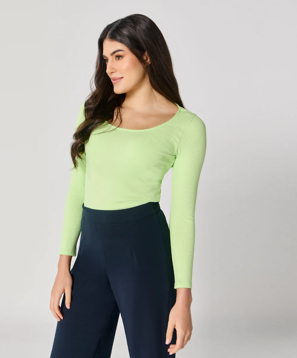 Long Sleeve Electric Green Rib Top - Image 3