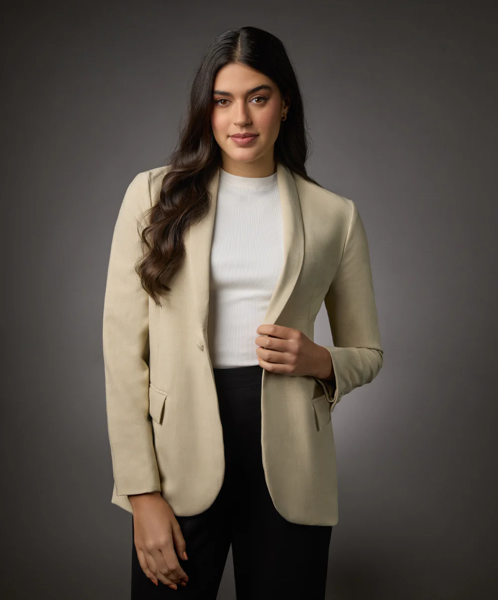 Long Sleeve Formal Blazer With Pockets-Beige - Image 3
