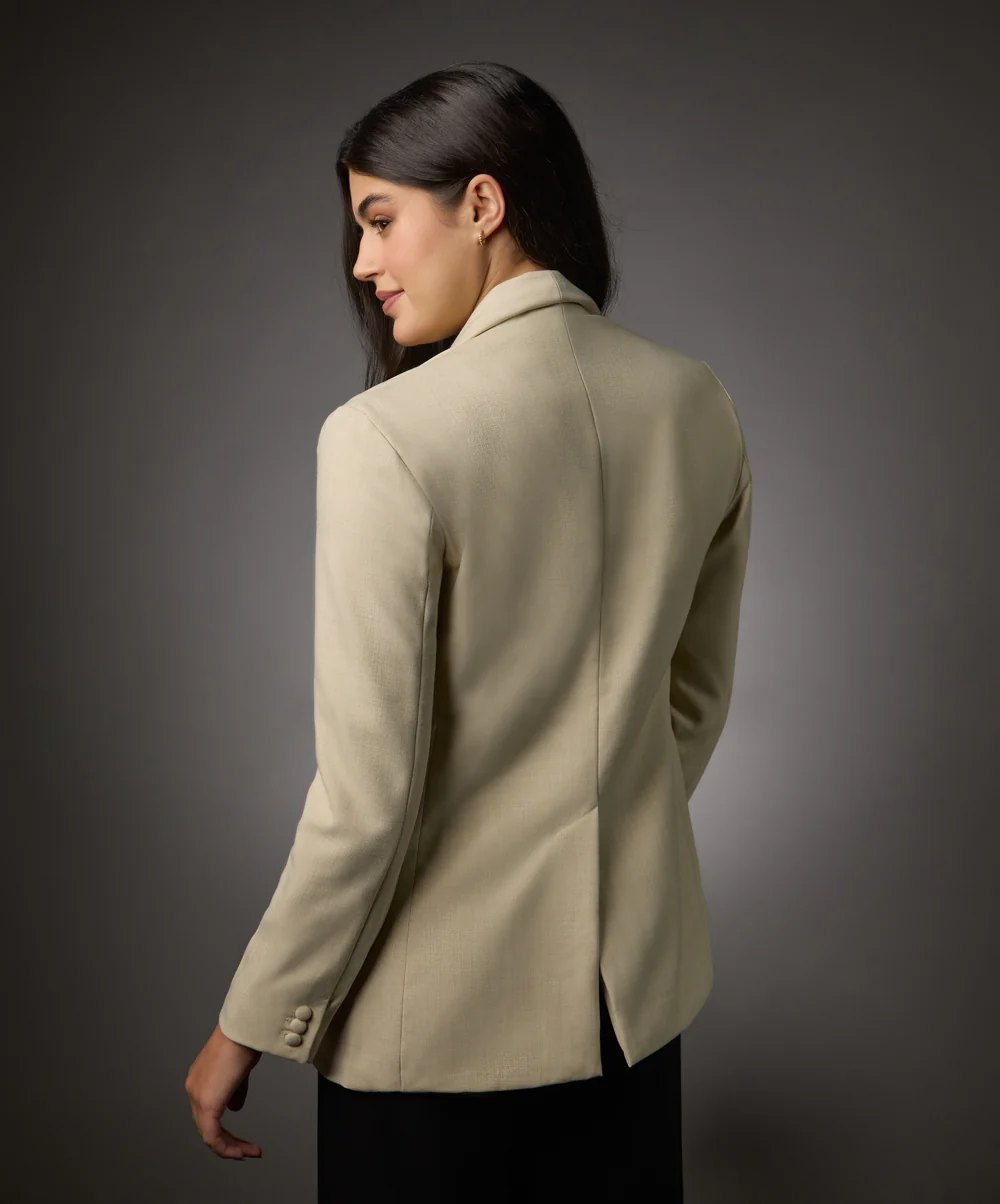 Long Sleeve Formal Blazer With Pockets-Beige - Image 5