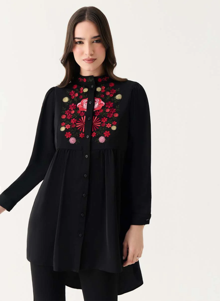 Long Sleeve Front Embroidered Chiffon Top - Image 3
