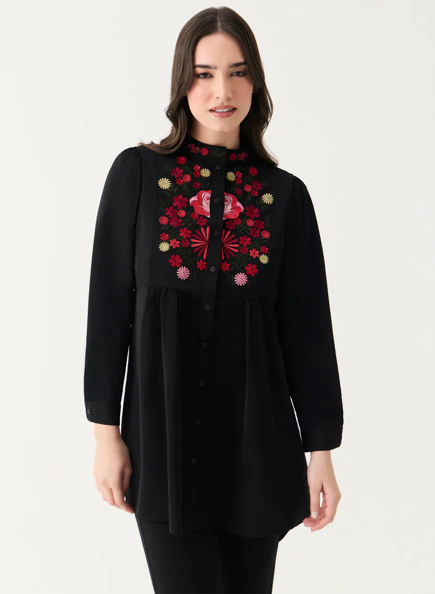 Long Sleeve Front Embroidered Chiffon Top - Image 4