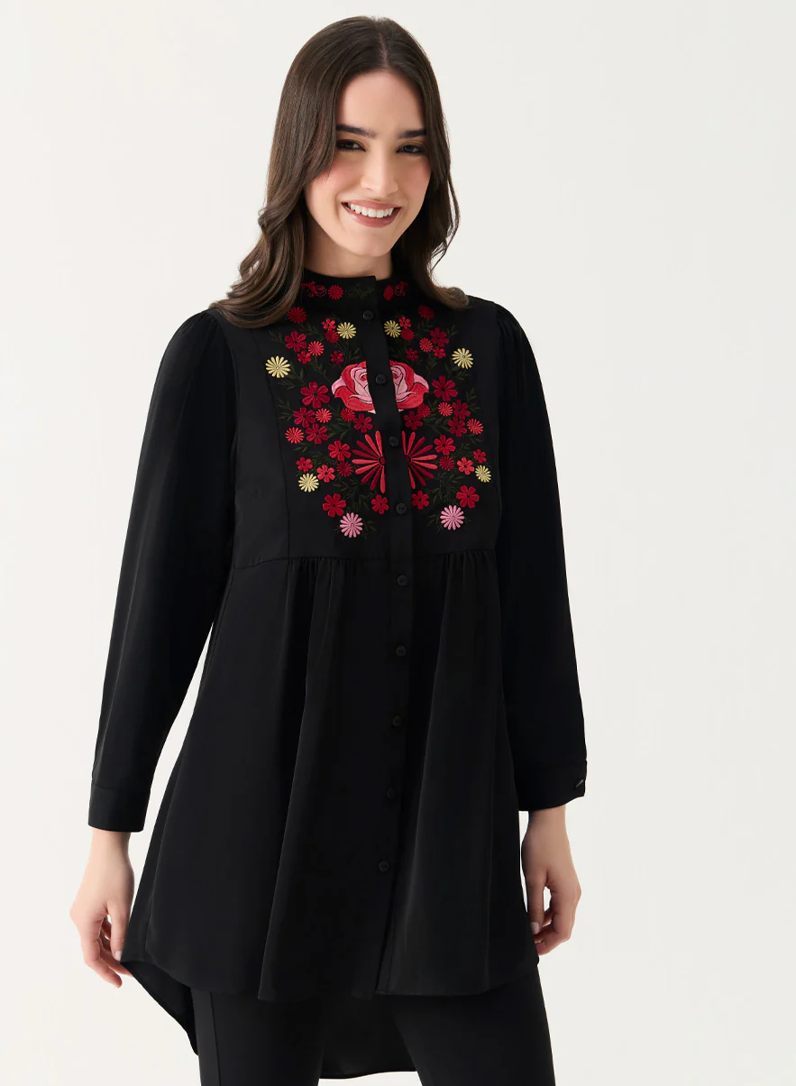 Long Sleeve Front Embroidered Chiffon Top - Image 5