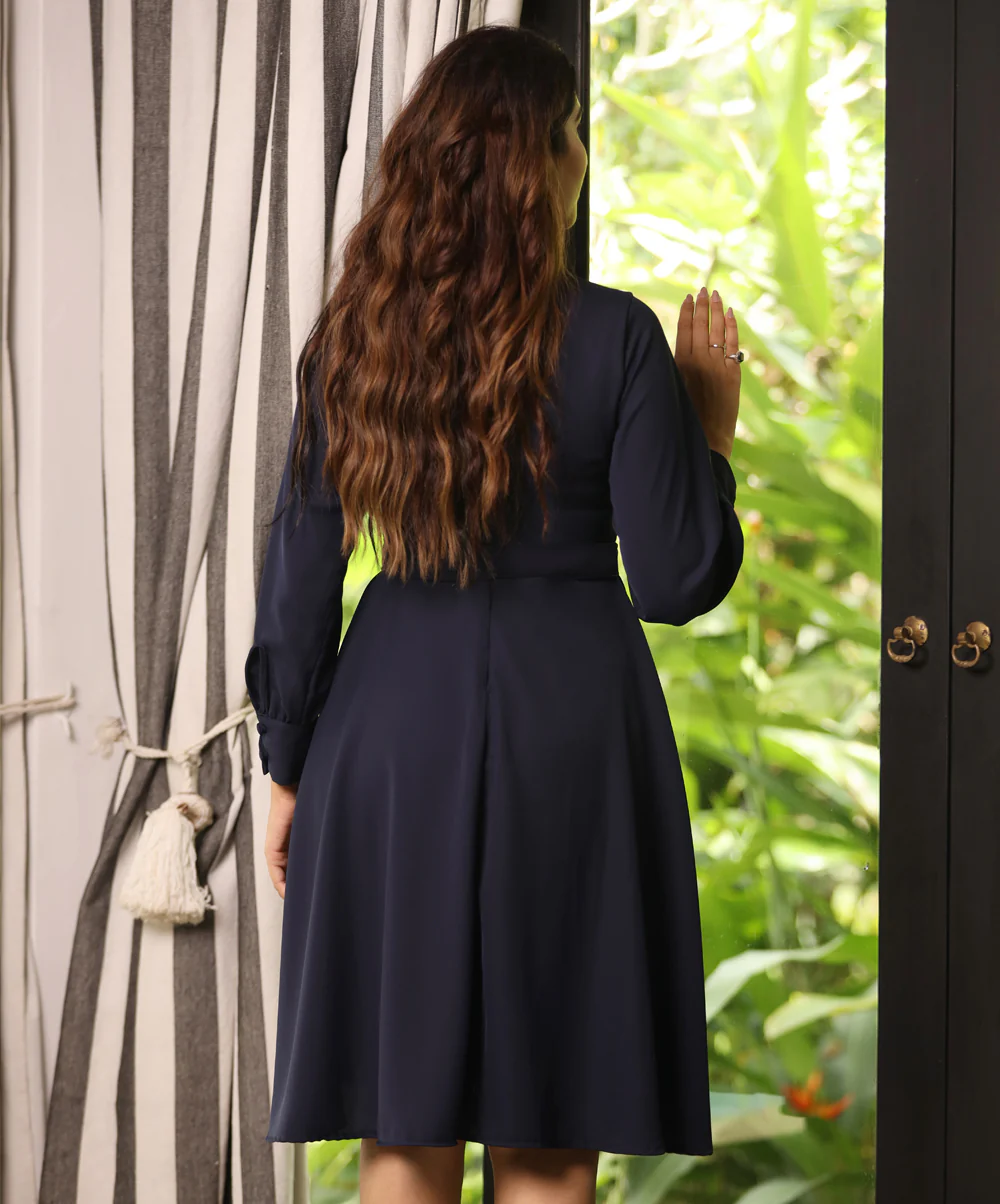 Long Sleeve Gathered Navy Dress - Image 2
