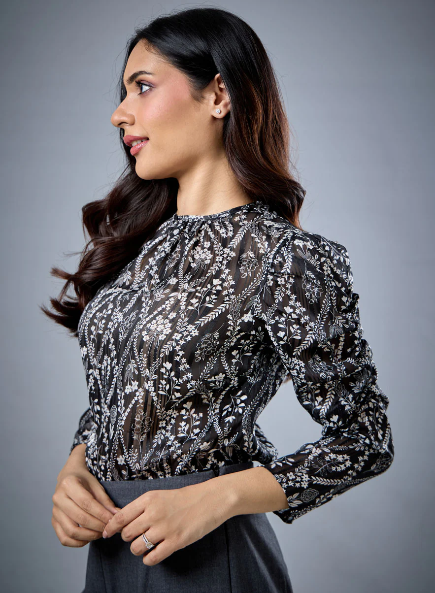 Long Sleeve Gathered Printed Top - Image 3