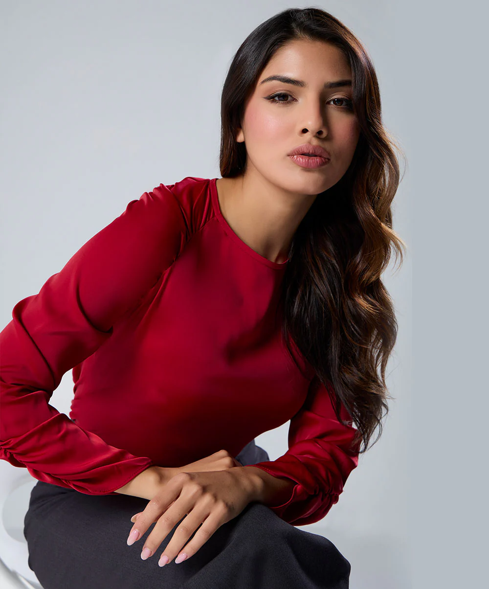 Long Sleeve Gathered Satin Red Top - Image 2