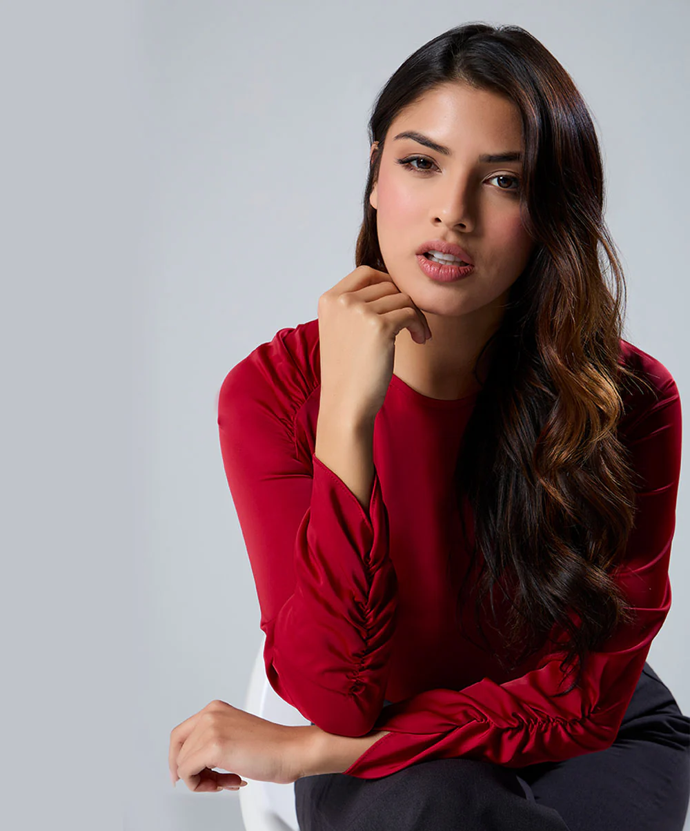 Long Sleeve Gathered Satin Red Top - Image 3