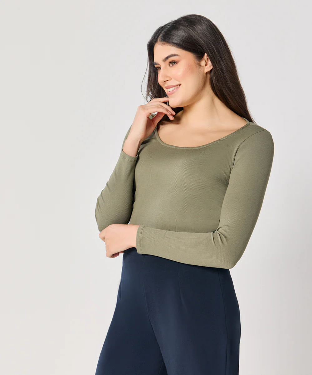Long Sleeve Khaki Green Rib Top - Image 3